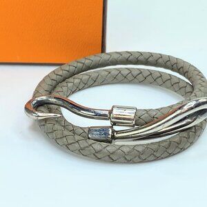 GS256 Hermes Jumbo Double Wrap Bracelet Grey Gray Braided Silver Hook Leather